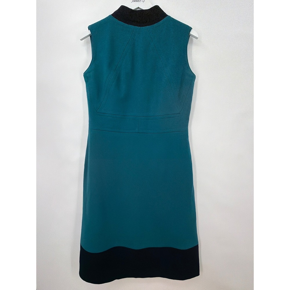 Vtg 70s Sleeveless Teal Wool Colorblock Sheath Dress Mock Neck Academia Twee